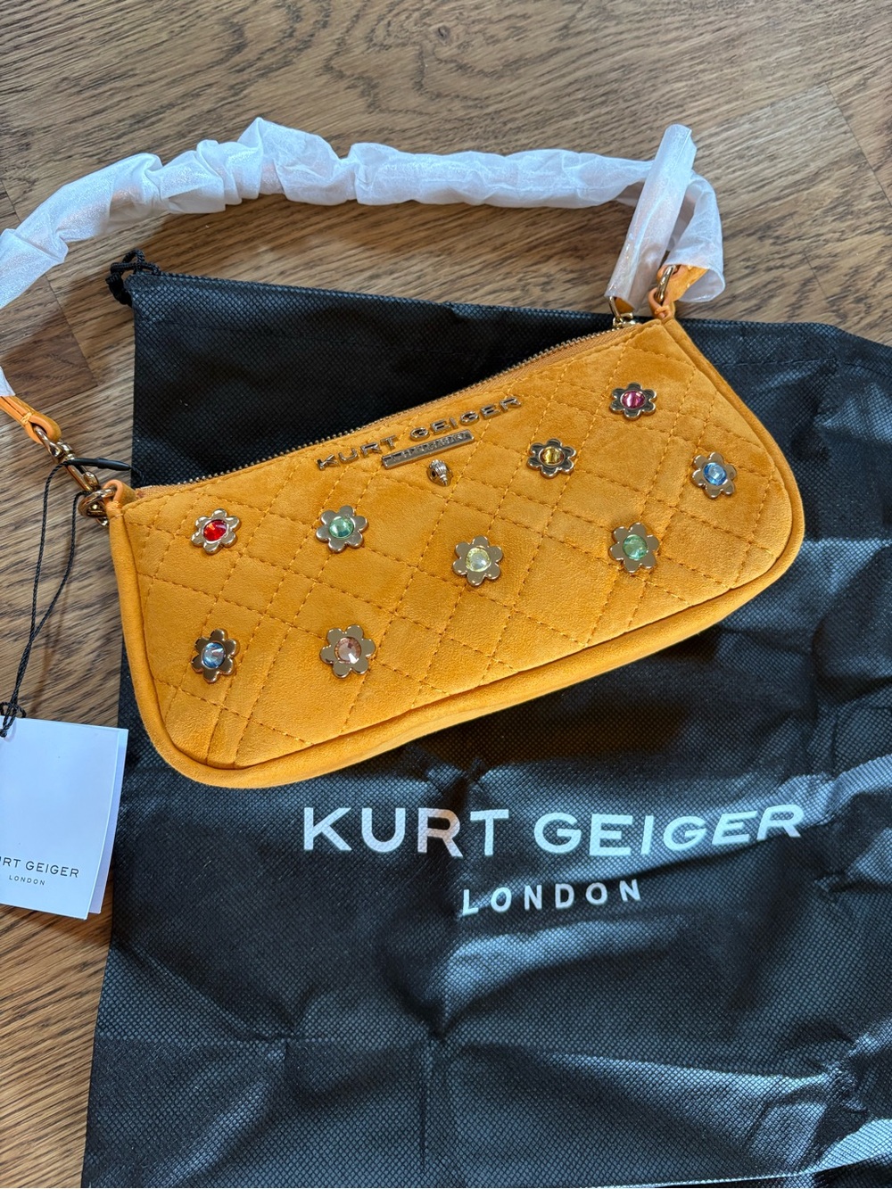Kurt Geiger Mustard Suede Quilted Mini Shoulder Bag with Floral Studs NWT - Picture 2 of 6